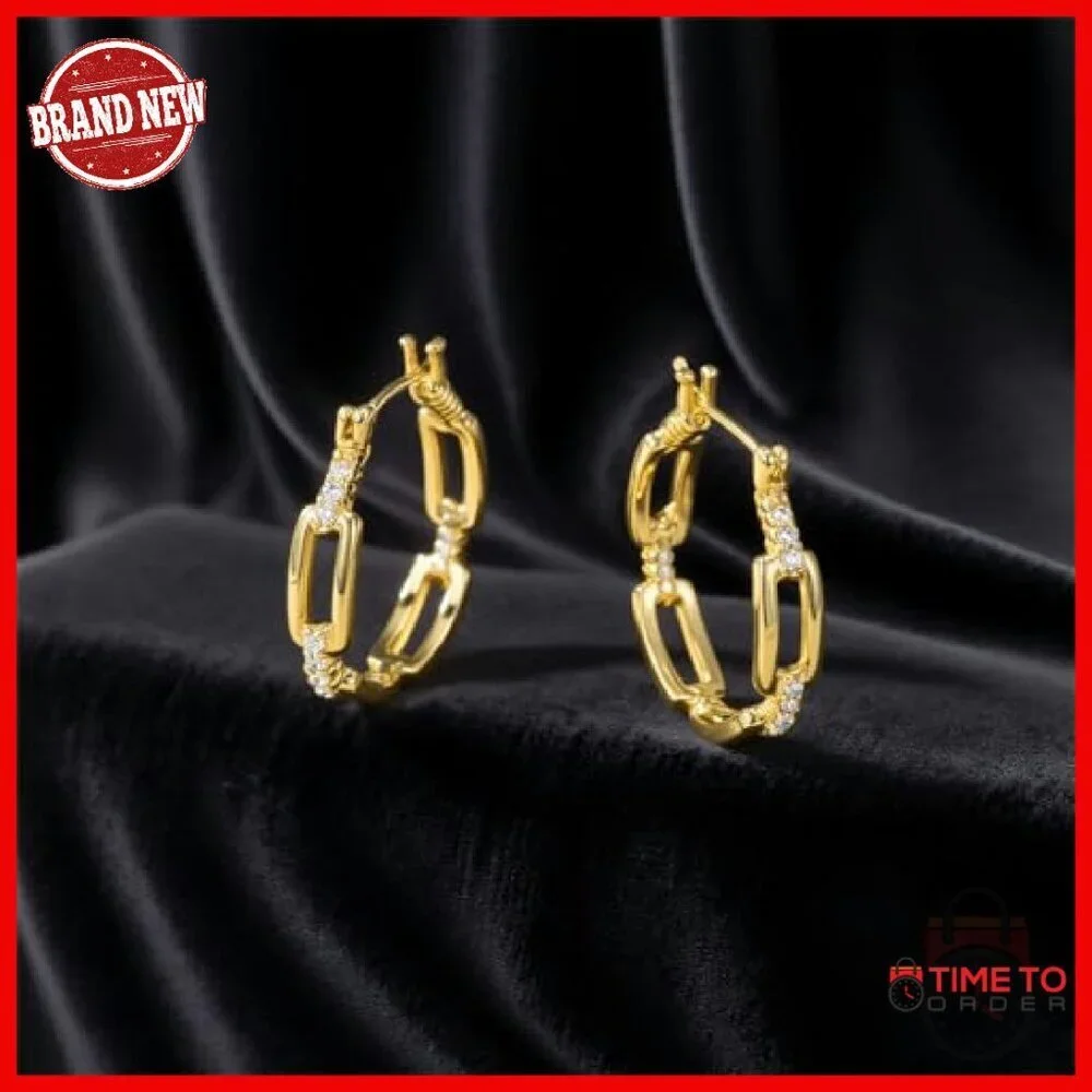 14K Gold Plated Hoop Earrings 30mm Cable Design Zircon Accent